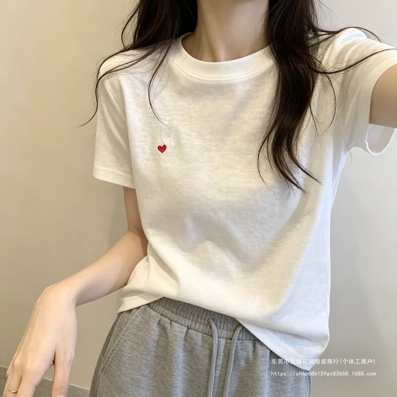 White Snowflake Cotton Thin Short-Sleeve T-Shirt for Women with Simple Heart Embroidery, Summer Top with Heart Embroidery White Snowflake Cotton Thin Short-Sleeve T-Shirt for Women with Simple Heart Embroidery, Summer Top with Heart Embroidery