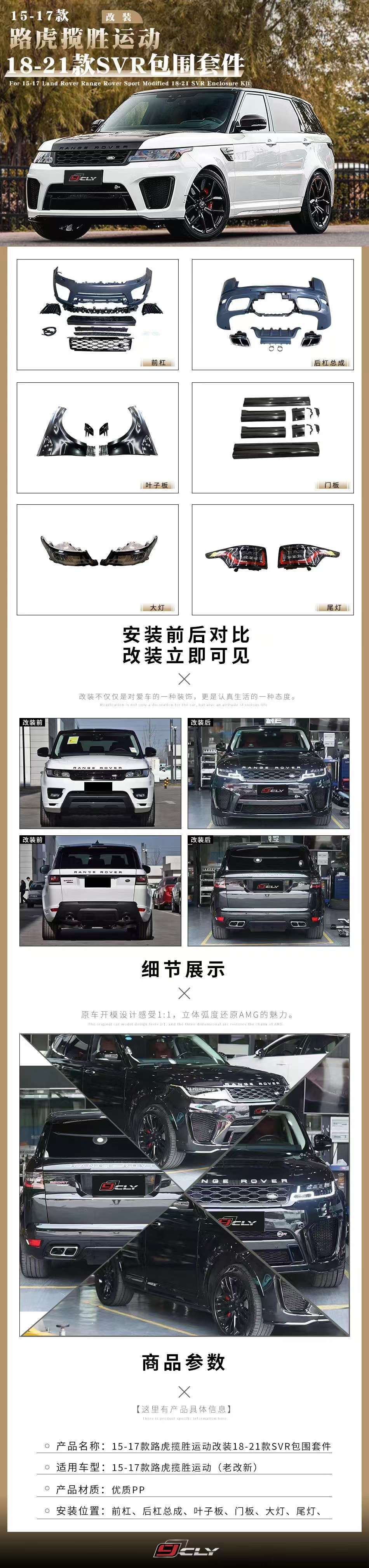 Suitable for 15-17 Land Rover Range Rover Sport Models Modified to 18-22 Svr Old-To-New Front Bumper Surround Kit
