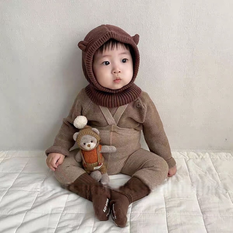 婴儿帽子围巾一体帽韩系宝宝可爱小耳朵披肩帽针织护耳保暖毛线帽|undefined