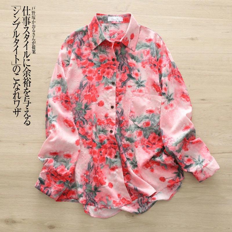 Женская рубашка больших размеров из хлопка и льна с цветочным принтом Real Shot 2024, весна/лето, повседневный топ в Корейском стиле, стройнящий художественный Топ