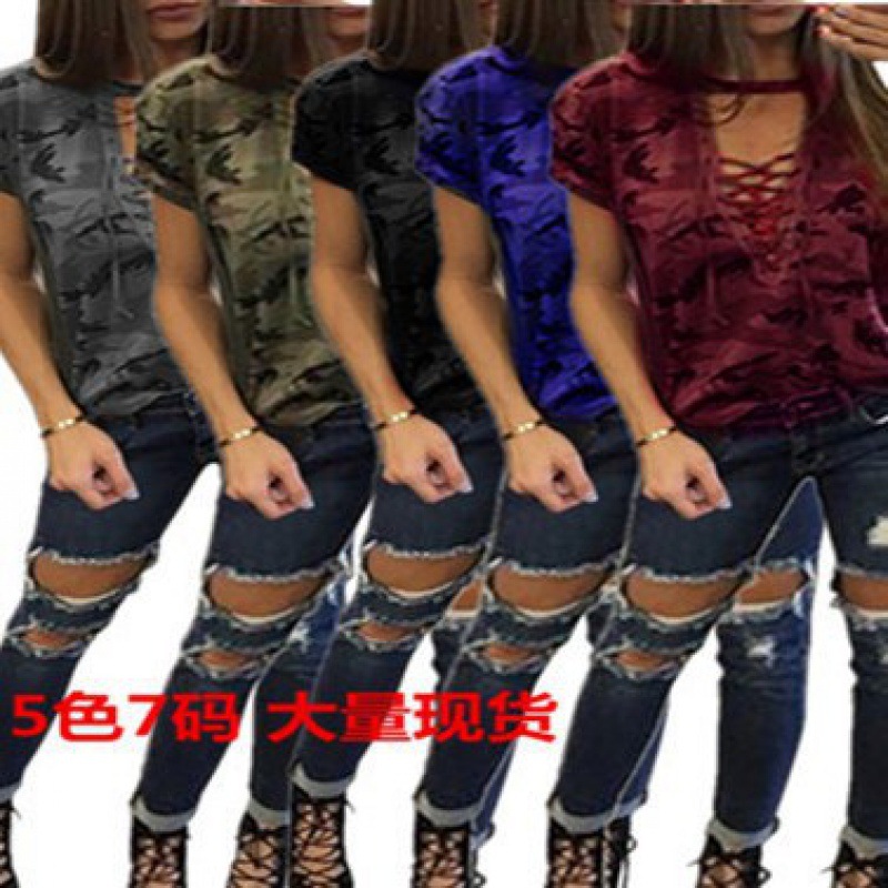 2023 eBay速賣通迷彩低胸鏤空綁帶短袖女裝T恤五色七碼