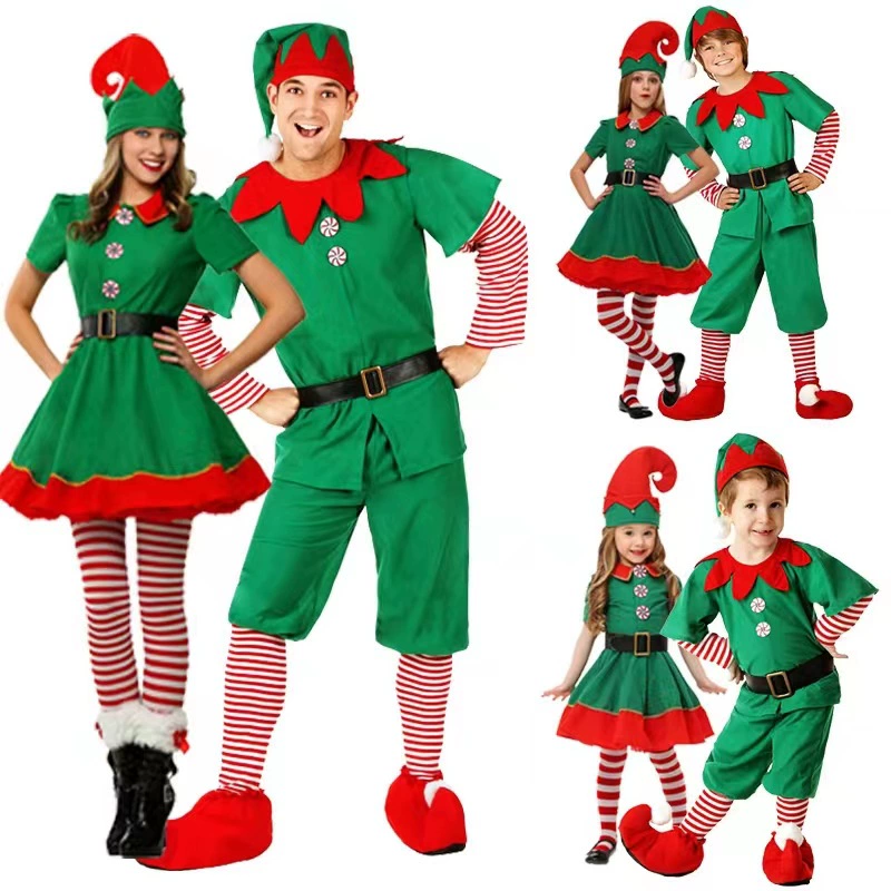 Рождественские костюмы, детские рождественские костюмы эльфа, семейные костюмы для косплея для взрослых, мужчин и женщин, зеленые рождественские костюмы