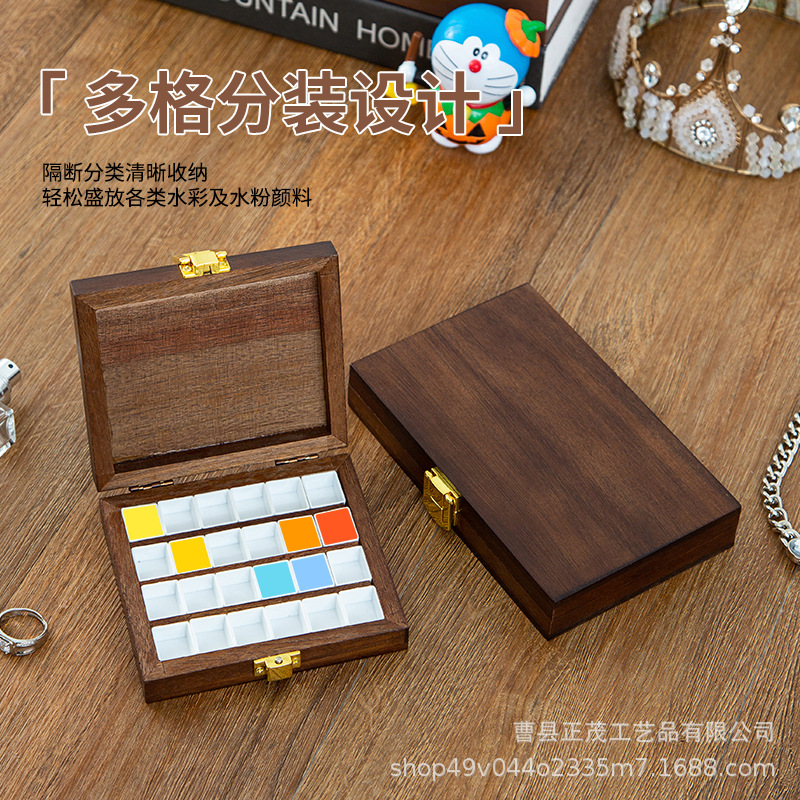 Goma pintado de nuez estilo ins hecho a mano para niños, caja de subensamblaje de pintura sólida, caja de madera portátil, caja de paleta de acuarela de 15 compartimentos