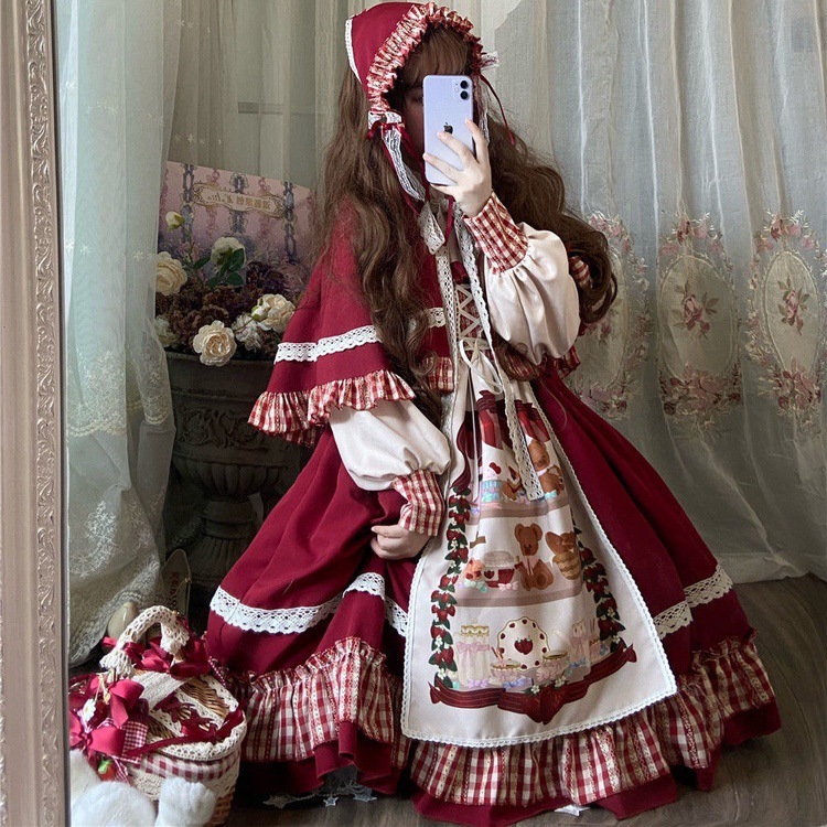赤ずきんロリータLolitaクリスマス新年赤マント少女op長袖ワンピース甘くて可愛い純色|undefined