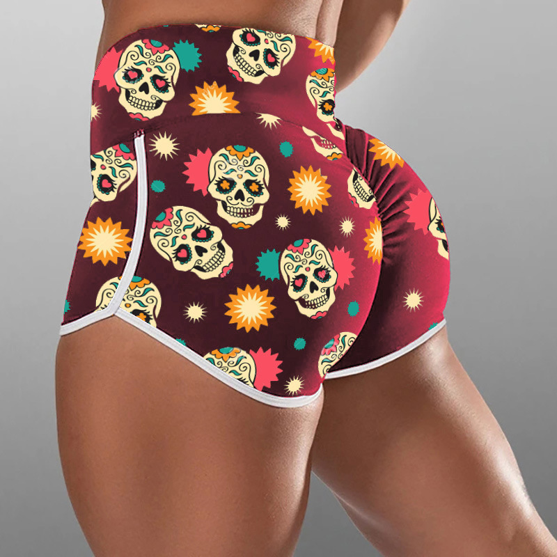 European and American Plus Size Women's Hot Pants High Waist Elastic Fitness Sports Yoga Running Sexy Skull Print Hip Short