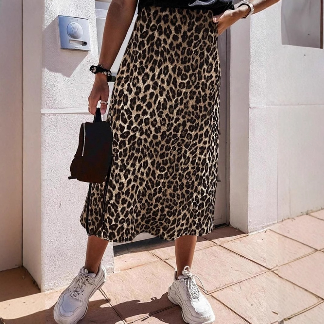 Cross-border women's chiffon satin half-sleeve skirt spring and summer new sexy leopard Amazon silk printed long skirt 