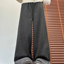 阔腿裤女秋冬2026胖妹妹mm宽松显瘦直筒休闲裤梨型身材灰色毛呢裤