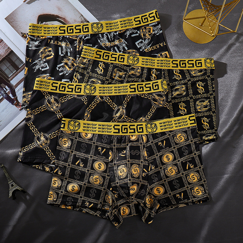 Men's Boxer Underwear Men's Breathable Mid-Waist Breathable High-Elastic Flat Pants Men's Boxer Pants Black and Gold Printed High-End