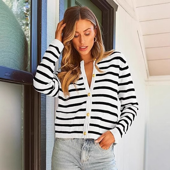 2024 Cross-border Amazon New Round Neck Golden Button Cardigan Sweater Inter-color Striped Knitted Coat Women's Top