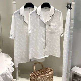 大牌情侣冰丝睡衣女轻奢提花短袖长裤简约薄款爆款男式家居服套装