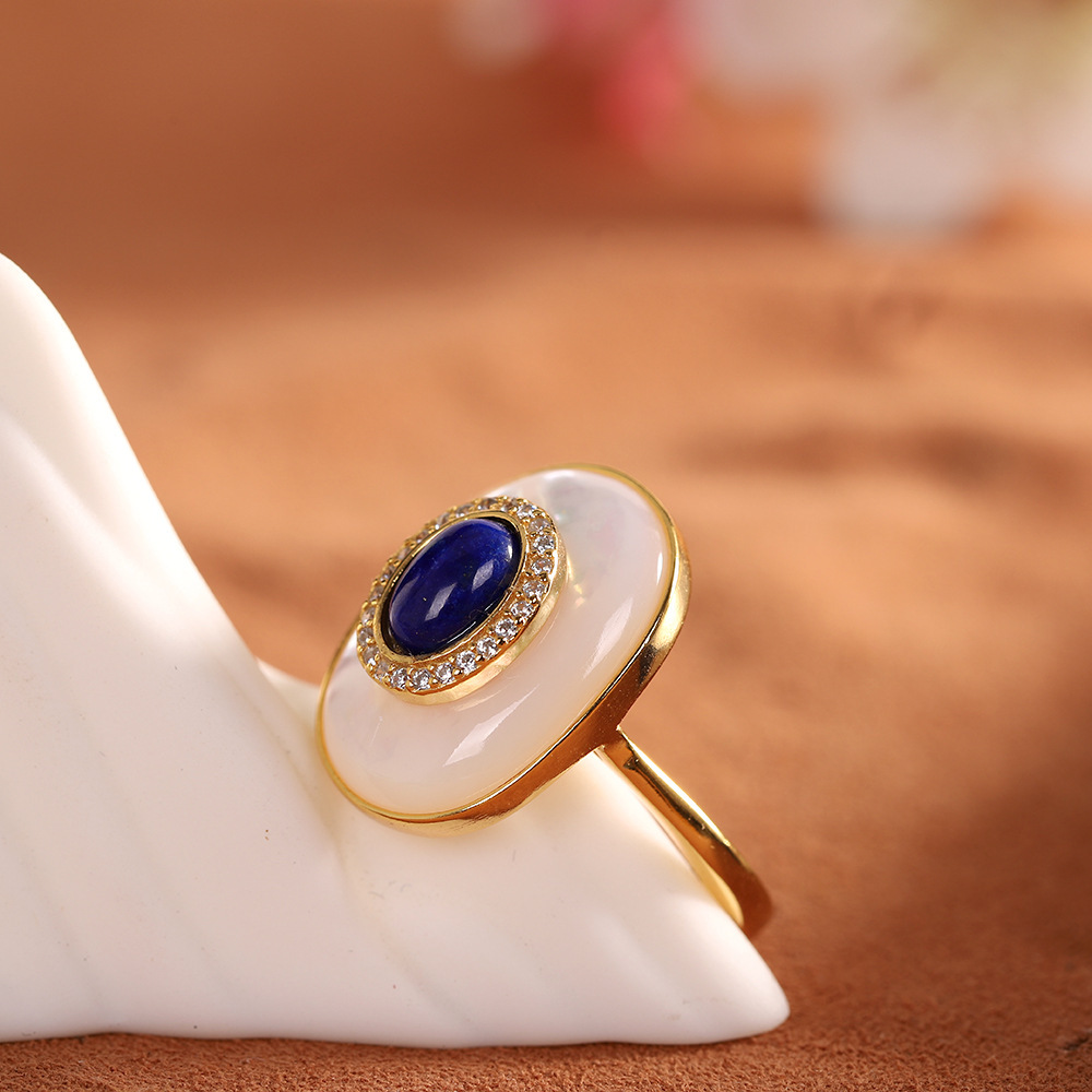 Elegant White Shell And Lapis Lazuli Ring With Zircon For Women_voghion.com