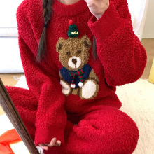 韩系ins风半边绒睡衣女款秋冬季加厚保暖家居服小熊毛绒套装
