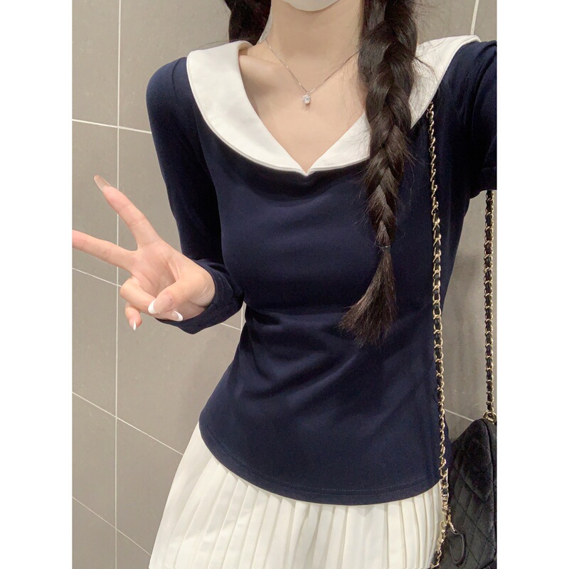 实拍秋季韩版设计感娃娃领正肩修身打底衫内搭长袖T恤女上衣88729|undefined