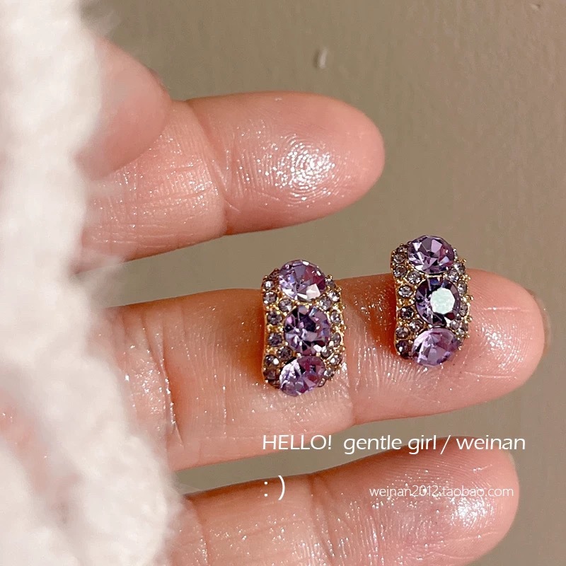 74# smoke purple full diamond small c-shaped earrings