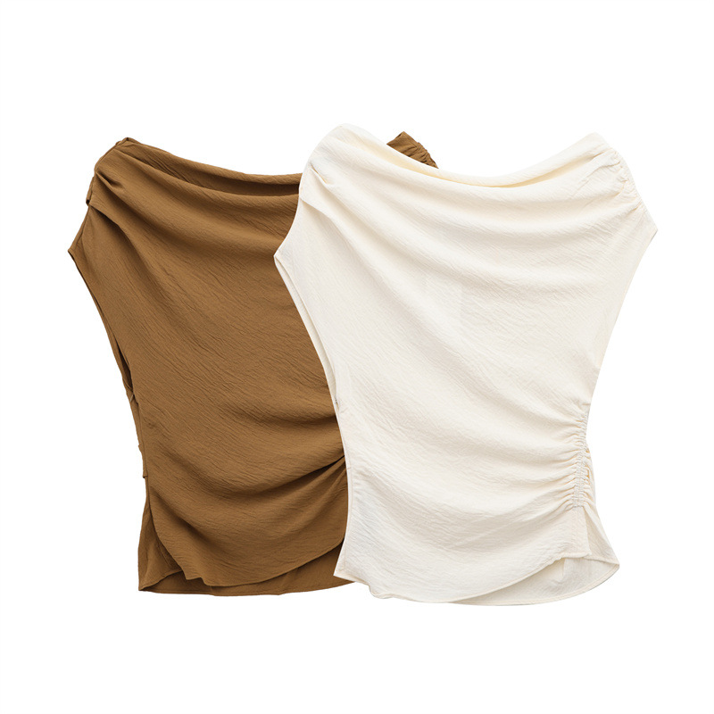 Foreign Trade 2025 Spring New Women's Clothing European and American Style Fashionable Pleated Asymmetric Boat Neck Basic Top 87075751