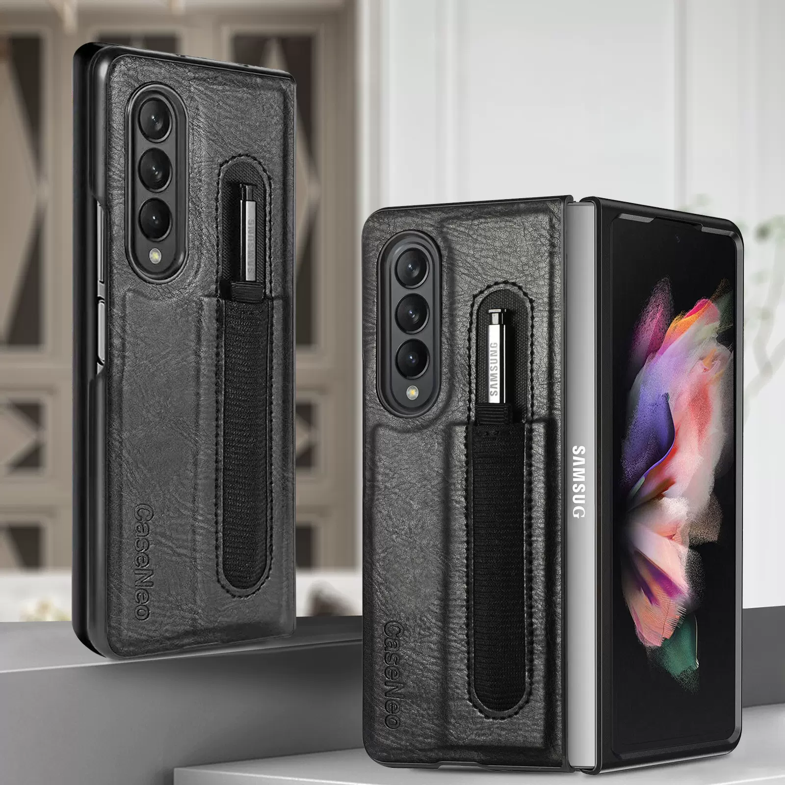 适用三星z fold4笔槽手机壳 折叠屏插笔皮革商务PC硬壳Fold 3笔袋