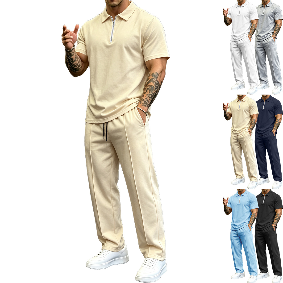 2026 Summer Hot Selling American Simple Lapel Half-Zip Polo Shirt and Trousers Suit for Men, Versatile for Commuter Work