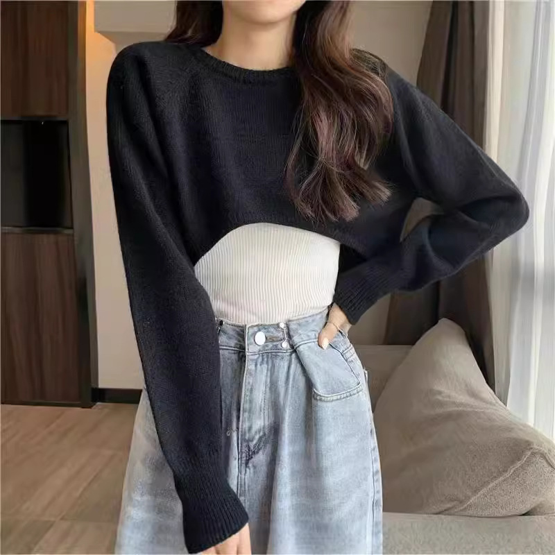 Spring and Autumn New Casual Style Pullover Sweater High Waist Half Navel Exposed Long Sleeve Lazy Style Versatile Top for Women