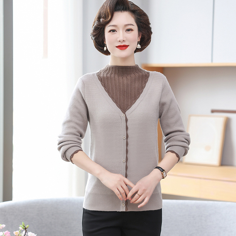 中老年女装时尚拼接假两件套针织衫秋冬加绒加厚保暖妈妈装毛衣女，女装针织衫/毛衣，妃慕昵服饰