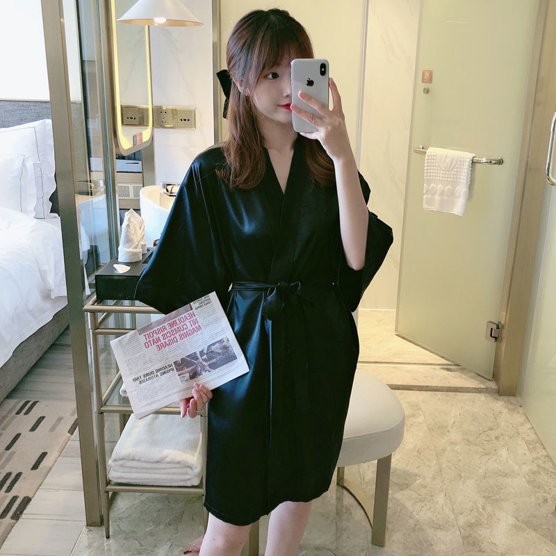 Camisón de otoño e invierno, dama de honor de seda de hielo femenino, bata de la mañana, bata de baño sexy, estilo de hotel, servicio a domicilio suelto de gran tamaño para damas