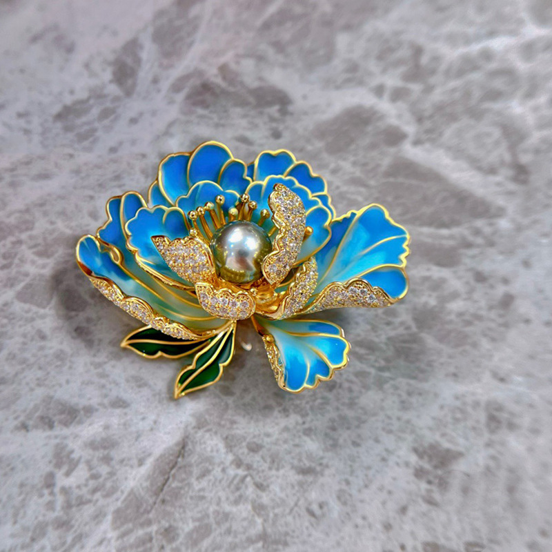 DIY accessories national style peony flower brooch women's high-grade enamel painted classical temperament pin pearl corsage empty holder