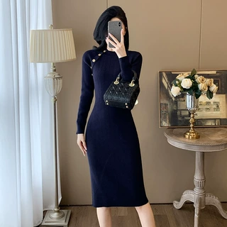 法式名媛小香风过膝长款针织连衣裙女高级感十三行女装长袖包臀裙