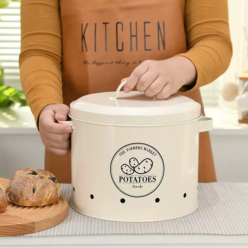 Tanque de almacenamiento de vegetales de hierro forjado para el hogar, papa, jengibre, ajo, cocina fresca, papa, cebolla, cubo de almacenamiento de ajo