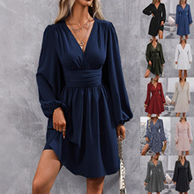 2025欧美亚马逊秋冬新款斜领灯笼袖褶饰腰部休闲连衣裙女装