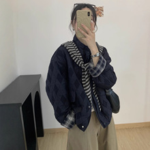 韩国短款立领格子拼接棉服外套女冬季新款单排扣休闲宽松时尚棉衣