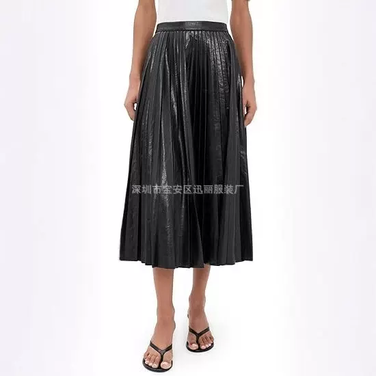 2025外贸新款大裙摆欧美女士春秋季高腰通PU皮百搭压褶半身裙