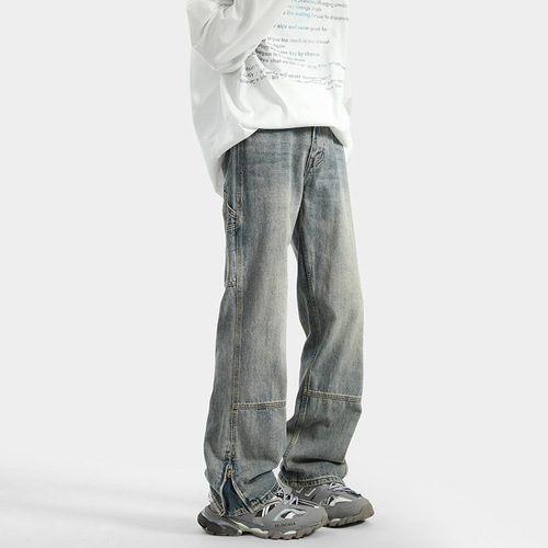 Vintage American-style mens spring and summer high street trendy brand ripped zipper pants retro cool rebel vibe lumber pants