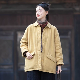 26冬新品原创棉麻女装文艺复古亚麻砂洗翻领保暖女式夹棉加厚棉衣