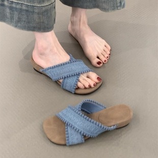 Retro Thick-Soled Wedge-Heeled Woven Cross-Strap Roman Slippers Outer Sandals Vacation Beach Sandals