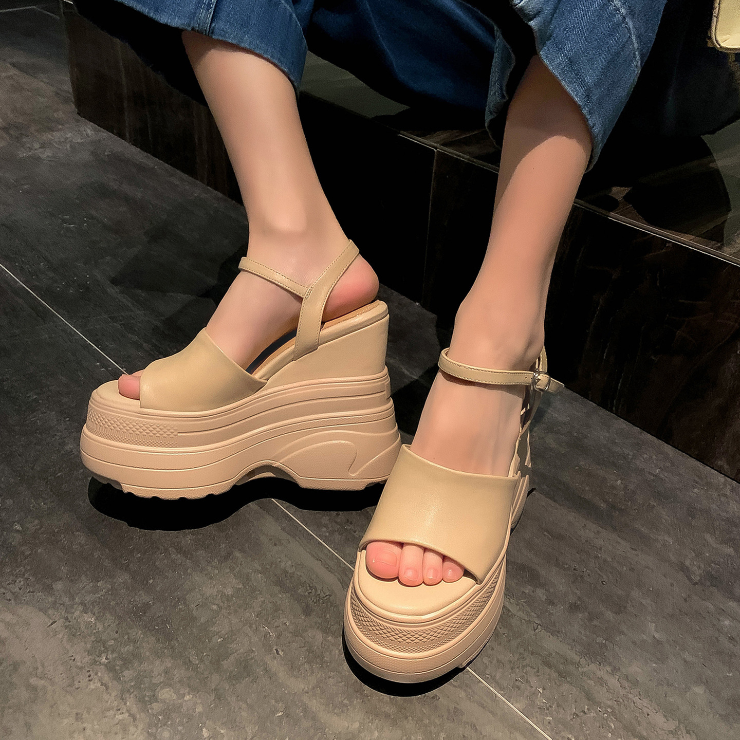 Sandal nữ đế dày da bò cao gót 14 cm phong cách La Mã — màu đen, màu trắng, màu mơ