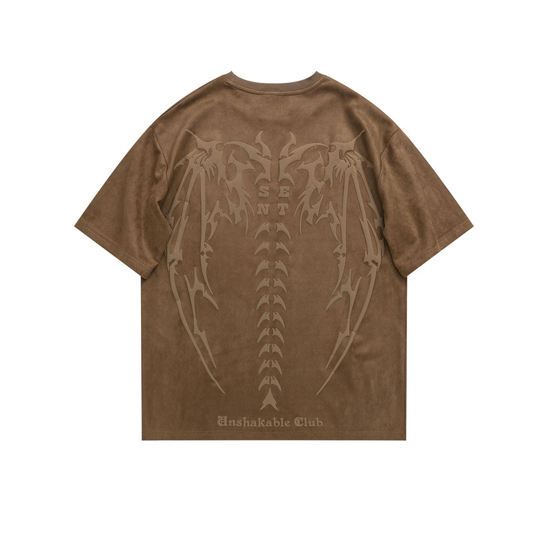 Suede Short-sleeved Men's American Style Foam Print Summer Retro Brown Heavy T-shirt Design Sense Niche Trendy Brand Hip-hop