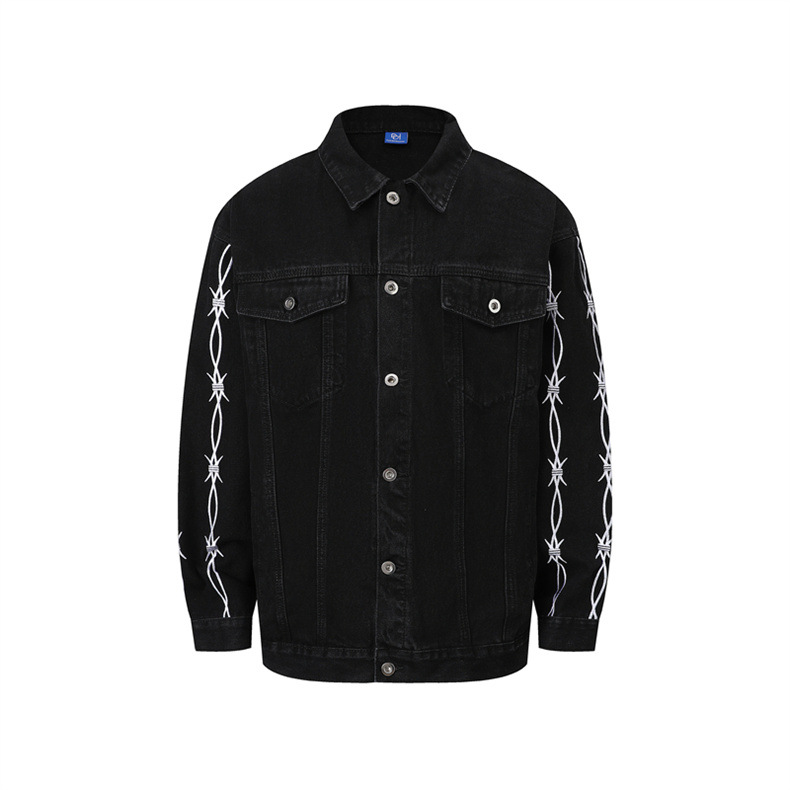 Men's Clothing Retro Style White Distressed Men's Jacquard Personalized Denim Jacket, Straight And Wide, Loose And Comfortable Outerwear, Denim Jacket_voghion.com