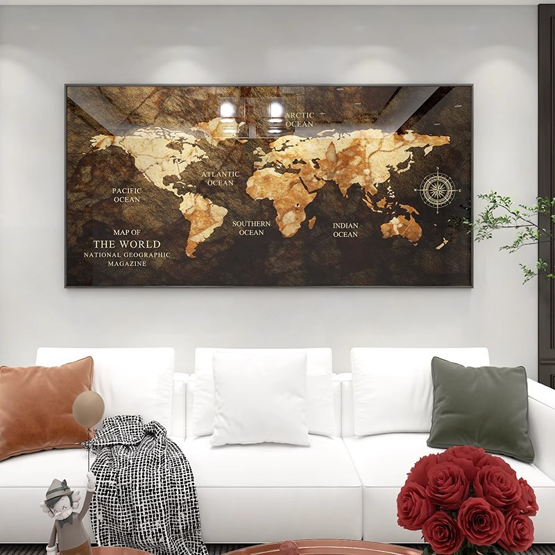 Retro World Map Hanging Painting Living Room Office Tea Room Conference Room Abstract Background Wall Decoration Accessible Luxury Simple Trend
