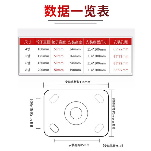 Red heavy-duty polyurethane PU casters 4 inches 5 inches 6 inches 8 inches iron core Korean arc trolley industrial universal wheel