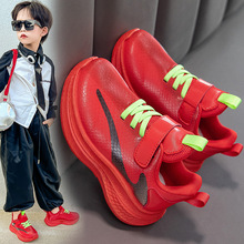 春秋新款男童运动鞋皮面防水红色鞋子中大童儿童鞋轻便女童跑步鞋