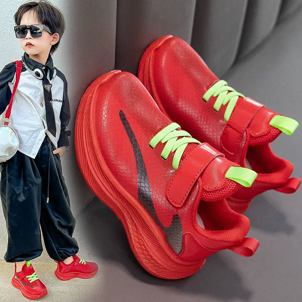 Spring and Autumn New Boys' Sports Shoes Leather Waterproof Red Shoes Medium and Large Children's Shoes Lightweight Girls' Running Shoes