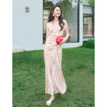 荣太艺术晕染围裹式桑蚕丝真丝连衣裙女v领法式收腰绑带裙子长款