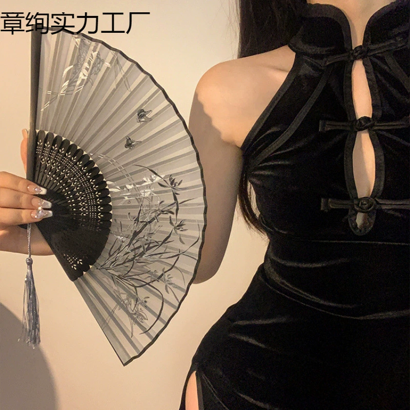 Летний антикварный складной веер, небольшой веер в китайском стиле, портативная юбка с лошадиным лицом династии Хань, древний танец, новый бамбуковый веер в стиле шинуазри