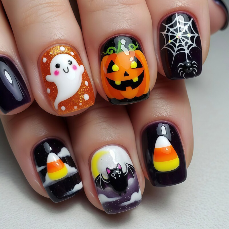 Halloween Cartoon Nail Art Wholesale Ghost Pumpkin Bat Spider Web Candy Fashion Nail Stickers Fake Nails