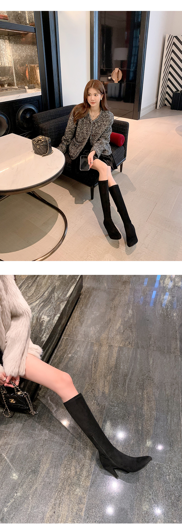 Boot nữ cổ cao trên gối mũi nhọn gót cao 9 cm chất da lộn co giãn — Lớp lót nhung tiêu chuẩn màu đen trên đầu gối, Lớp lót nhung lớn màu mơ trên đầu gối, Giày bốt cao cấp lót nhung tiêu chuẩn màu mơ, Lớp lót nhung đen trên đầu gối chi tiết 11