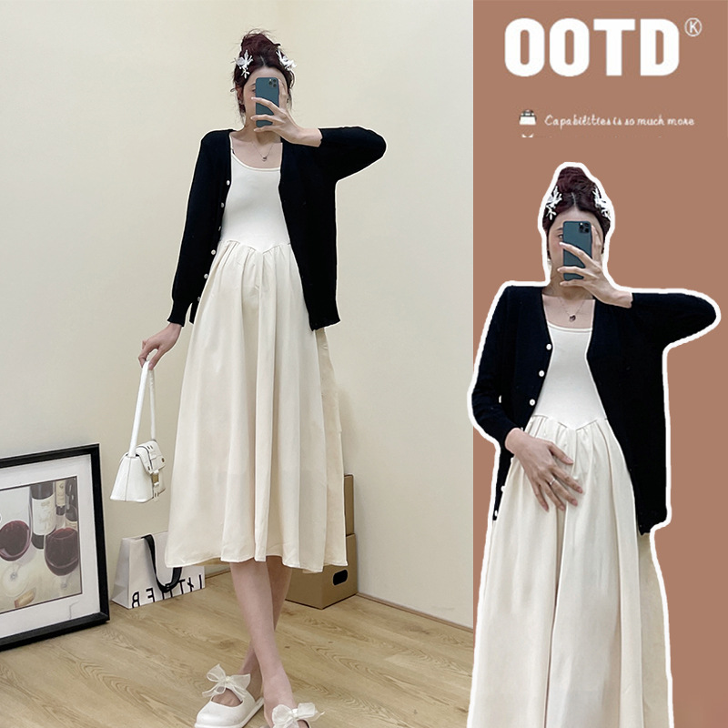 Xue Meifu Maternity Dress Spring Korean Version Slim Knitted Cardigan+Sweet Temperament Suspender Skirt