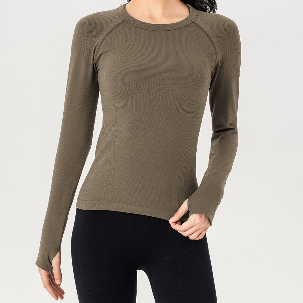 秋冬ヨガ服長袖通気性丸首ランニングフィットネス服アウトドア速乾ガードル着痩せ上着クロスボーダー新作