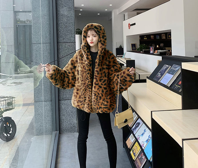 2022 Autumn and Winter New Imitation Fur Coat Women's Imitation Rex Rabbit Fur Hooded Plush Coat Loose Warm