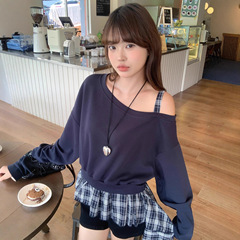 美式甜辣拼接格子斜肩卫衣女2025秋季新款设计感灰色宽松露肩上衣