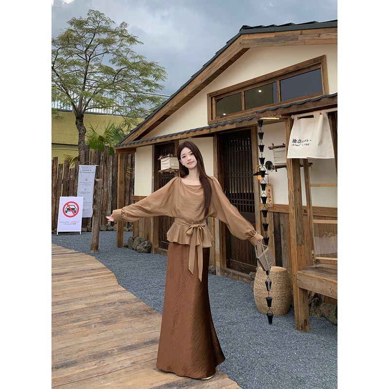 早秋款千金风系带长袖宽松衬衫女高腰显瘦半身裙长裙两件套88976|undefined