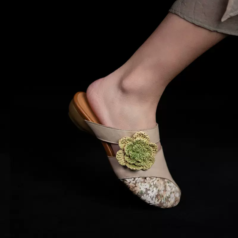 真皮民族风拖鞋女春夏季包头低跟复古外穿凉拖头层牛皮防滑沙滩鞋